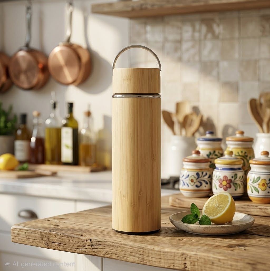 500ml bamboo and stainless steel vacuum flask on a kitchen counter